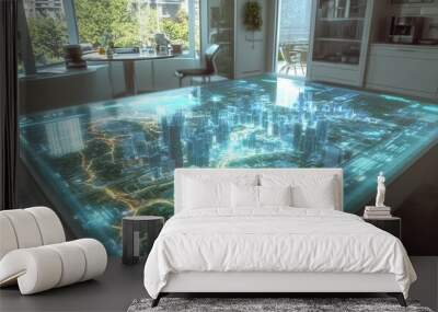 A high-tech room with a holographic AR display table, projecting a 3D model of a futuristic city, surrounded by glowing blue and green data streams. Wall mural