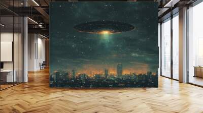 A massive UFO hovering above a glowing city at night, casting an eerie light across the skyline, with distant stars and galaxies visible in the sky Wall mural