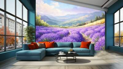 A picturesque lavender field in full purple bloom, spreading out under a clear sky, with cool, crisp air and an idyllic, fresh landscape typical of colder climates. Wall mural