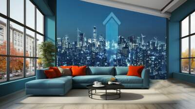 City skyline with renewable energy symbols like wind turbines and solar panels, emphasizing net-zero carbon goals Wall mural