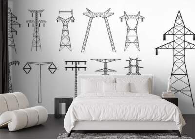 set of high voltage electric line icon or towers high voltage pylons power transmission or electric pylons pole network. eps vector Wall mural