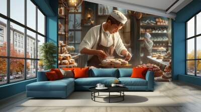 A baker carefully crafting delicate pastries and desserts in a cozy bakery, the scent of freshly baked goods filling the air. Wall mural