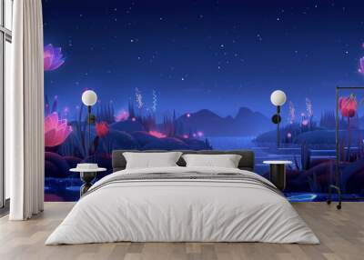 A bioengineered garden where bioluminescent flowers bloom amidst shimmering pools of water, their soft glow casting an ethereal light on the surrounding landscape.   illustration. Wall mural