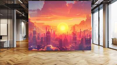 A futuristic cityscape rising towards the sky, with gleaming skyscrapers and flying vehicles soaring amidst the urban sprawl.   illustration. Wall mural