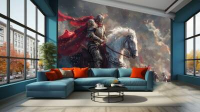 A knight in shining armor, mounted on a noble steed, charging into battle against a horde of fearsome creatures. Wall mural