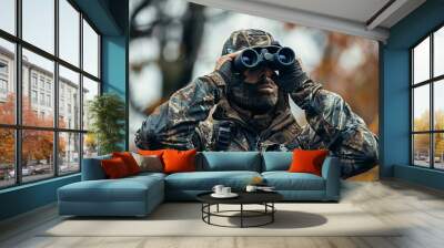 A man in full camouflage stands looking through binoculars while bowhunting Wall mural