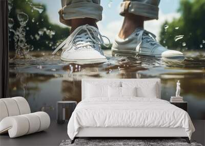 A person wearing white sneakers standing in water. Wall mural