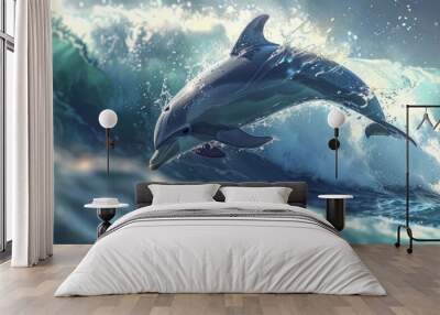 A playful dolphin leaping out of the ocean waves. Wall mural