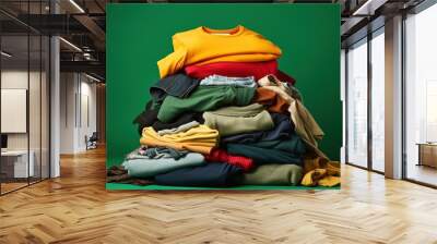 A stack of clothes for recycling on a green background Wall mural