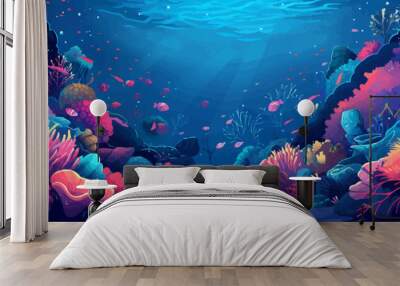 A surreal underwater world teeming with colorful coral reefs and exotic marine life. Vector flat minimalistic isolate Wall mural