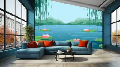 A tranquil pond surrounded by weeping willow trees and colorful water lilies. Vector flat minimalistic isolated illustration Wall mural