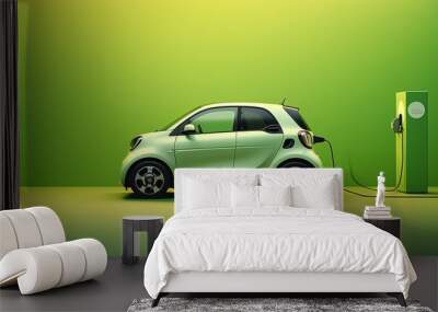 A white electric vehicle plugged into a power outlet against a green background Wall mural