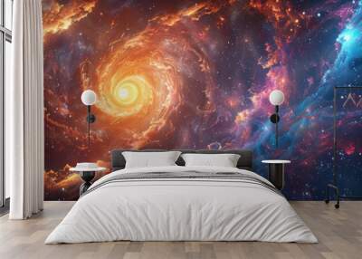 A wormhole, its swirling vortex of colors connecting two distant points in the universe. Wall mural