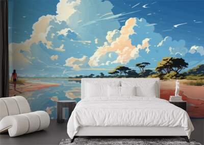 a young woman running on a white sand beach with the background of a beautiful blue sky and clouds vector flat bright colors Wall mural