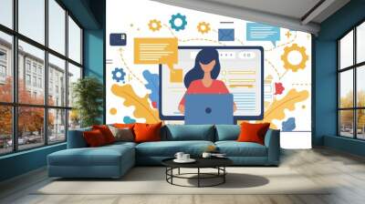 Agile software development methodology. Scrum process concept. Woman developer working on a laptop. Project management. Flexible product development cycle.   illustration Wall mural