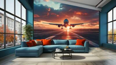 Airplane take off, travel and tourism concept. Copy space Wall mural