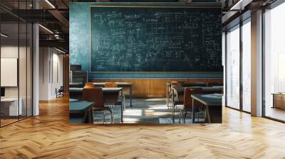 An empty classroom setting is portrayed, with a prominent blackboard full of math equations and diagrams, indicative of a recent intense study or teaching session. Wall mural