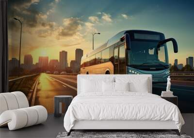 An intercity large and spacious bus travels along the highway. Wall mural