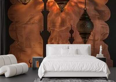 An ornate eid celebration with intricate mosques silhouette inside a glowing lantern backdrop Wall mural