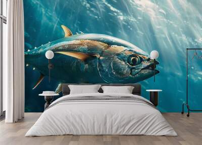 Blue fin tuna fish swimming in clear ocean water. Wall mural