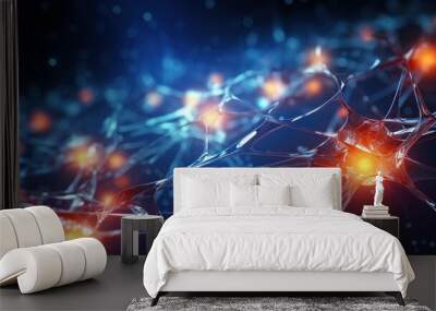 Brain stimulation activity with neuron close - up microscpoe illustration. Neurology, cognition, neuronal network, psychology, neuroscience scientific concepts Wall mural