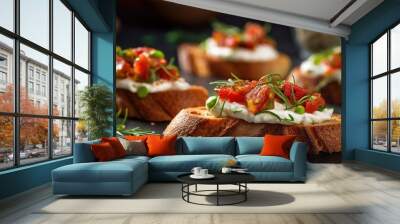 Bruschetta, bread toast, canape with cream cheese, zucchini and dried tomato with herbs Wall mural