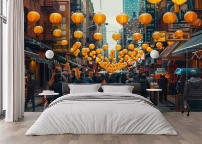 Bustling Chinatown street filled with lanterns and vendors, 4K hyperrealistic photo Wall mural