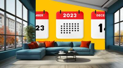 Calendar icon. December. 2023 14 day. The concept of waiting for an important date. Calendar with raised pages. Red calendar isolated on yellow background. 3d vector illustration. Wall mural