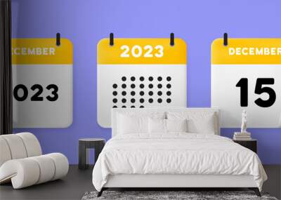 calendar icon. December. 2023 15 day. The concept of waiting for an important date. Calendar with raised pages. Yellow calendar isolated on purple background. 3d vector illustration. Wall mural