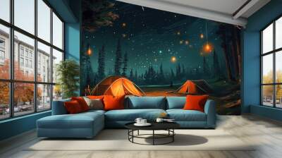 Camping in forest at night with stars and fireflies, illustration, digital painting Wall mural