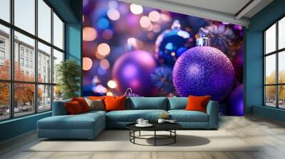 Christmas tree ornaments arranged by gradient from royal purple to midnight blue, shimmering under the lights. 4K hyperrealistic photo. Wall mural