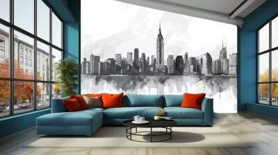 City graphic black white cityscape skyline sketch long illustration vector Wall mural