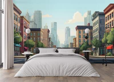 City street with set of buildings vector illustration - Wall mural