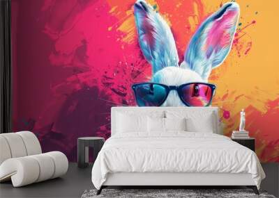 Cool white rabbit in sunglasses on vibrant background. Abstract summer clip-art for creative design projects. illustration Wall mural