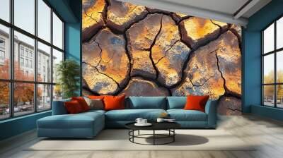 Cracked earth texture of ground, broken and rough surface red mud clay soil in summer season, crack ground floor on arid drought environment and hot weather in nature, light on top photo for graphic Wall mural