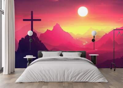 Cross and Crown of thorns on the mountain with sunset. Good friday background banner. Christian concept design. vector art illustration Wall mural