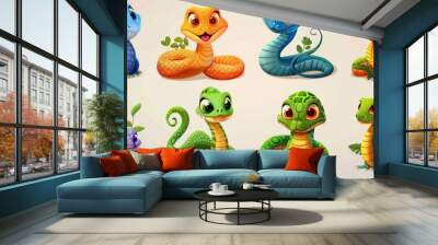 Cute and funny cartoon snake character . Happy python, cobra and viper reptile with long tail isolated set. Crawling tropical zoo animal baby kid image design. Wild zoology mascot collection Wall mural