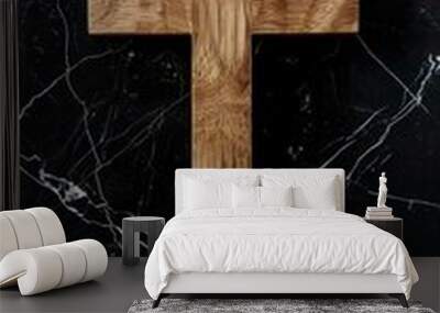 Easter wooden cross on black marble background religion abstract palm sunday concept Wall mural