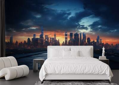 Empty asphalt road with city skyline Wall mural