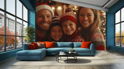 Festive family photo in front of a Christmas tree, with everyone dressed in holiday attire, smiling and embracing the joy of the season. 4K hyperrealistic photo. Wall mural