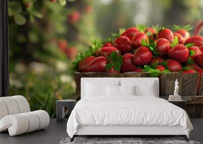 Freshly picked strawberries in wooden basket, 4K hyperrealistic photo Wall mural