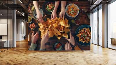 Friends hosting a taco night for National Nachos Day, November 6th, making and sharing delicious nachos, 4K hyperrealistic photo. Wall mural