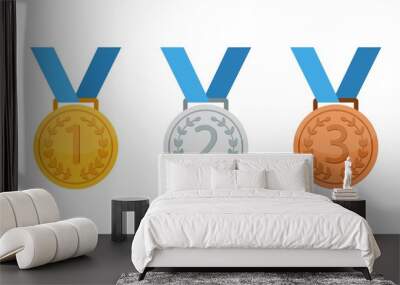 Gold, silver and bronze medal icon set. First, second and third place or award medals icon flat in modern colour design concept on isolated white background. EPS 10 vector. Wall mural