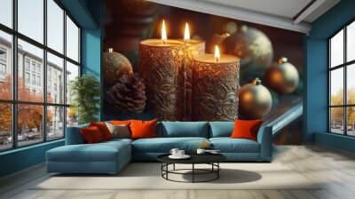 Golden Christmas candles with intricate designs, burning softly on a mantelpiece surrounded by gold-themed decorations. 4K hyperrealistic photo. Wall mural