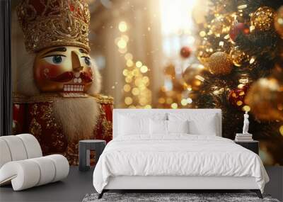 Golden nutcracker statue with intricate details, standing proudly beside a gold-lit Christmas tree in a lavishly decorated room. 4K hyperrealistic photo. Wall mural