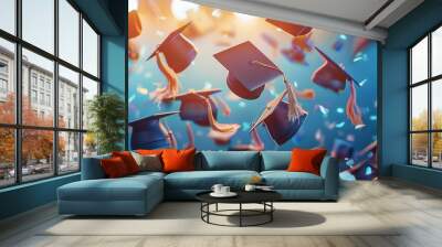 Graduation ceremony with caps thrown in the air, 4K hyperrealistic photo Wall mural