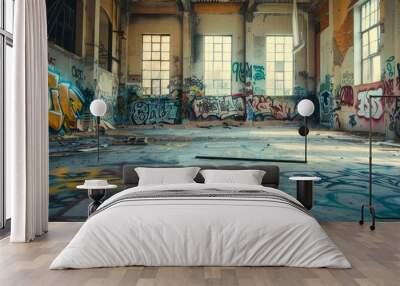 Graffiti tags telling the story of a city's evolution, 4K hyperrealistic photo Wall mural