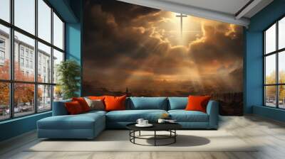 Holy cross symbolizing the death and resurrection of Jesus Christ with The sky over Golgotha Hill is shrouded in light and clouds Wall mural