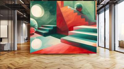 illustration of colorful geometric shapes of smooth and shiny spheres on steps of square platforms against red and green background Wall mural