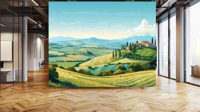 Landscape in Tuscany illustration, Italian landscapes, panoramic countryside farmland vector illustration Wall mural